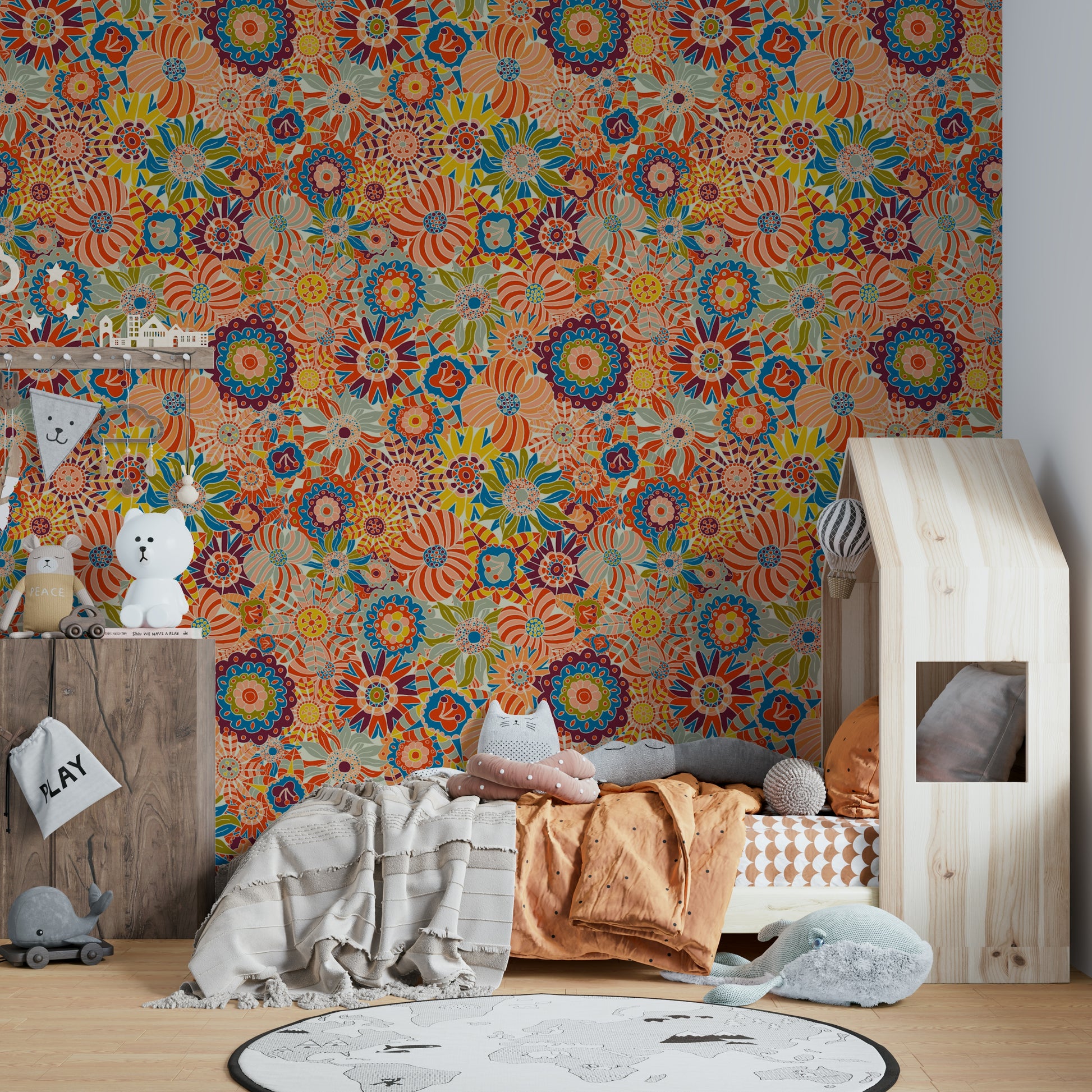 Vivid Colors Scandi Round Flowers Wallpaper.

