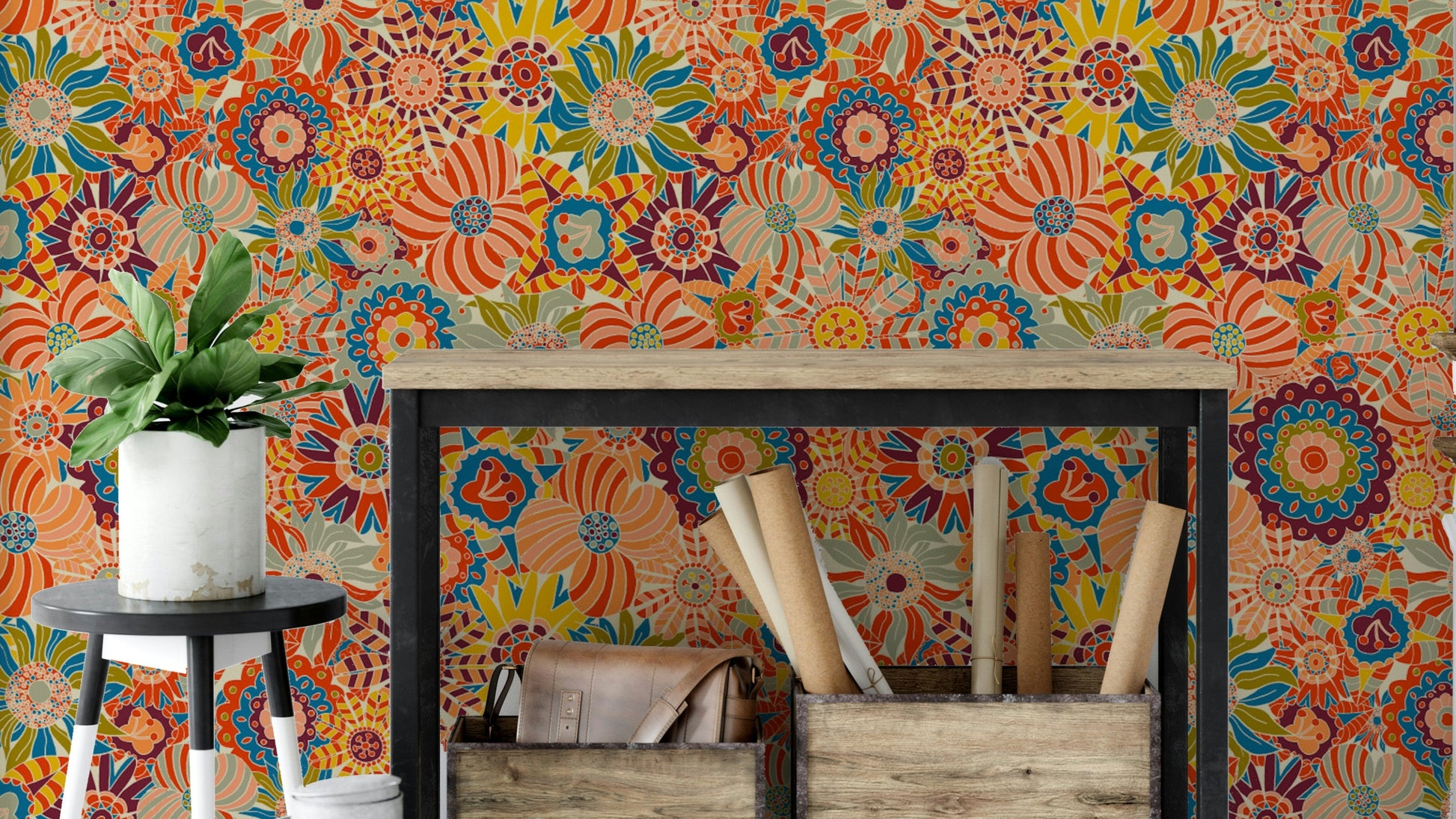 Close-up of the orange and blue flowers.

