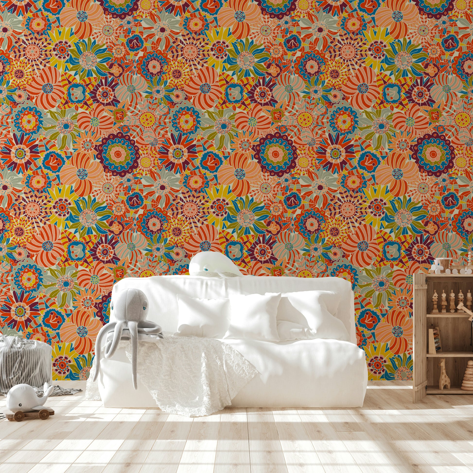 Wallpaper with a whimsical, hand-drawn floral design.

