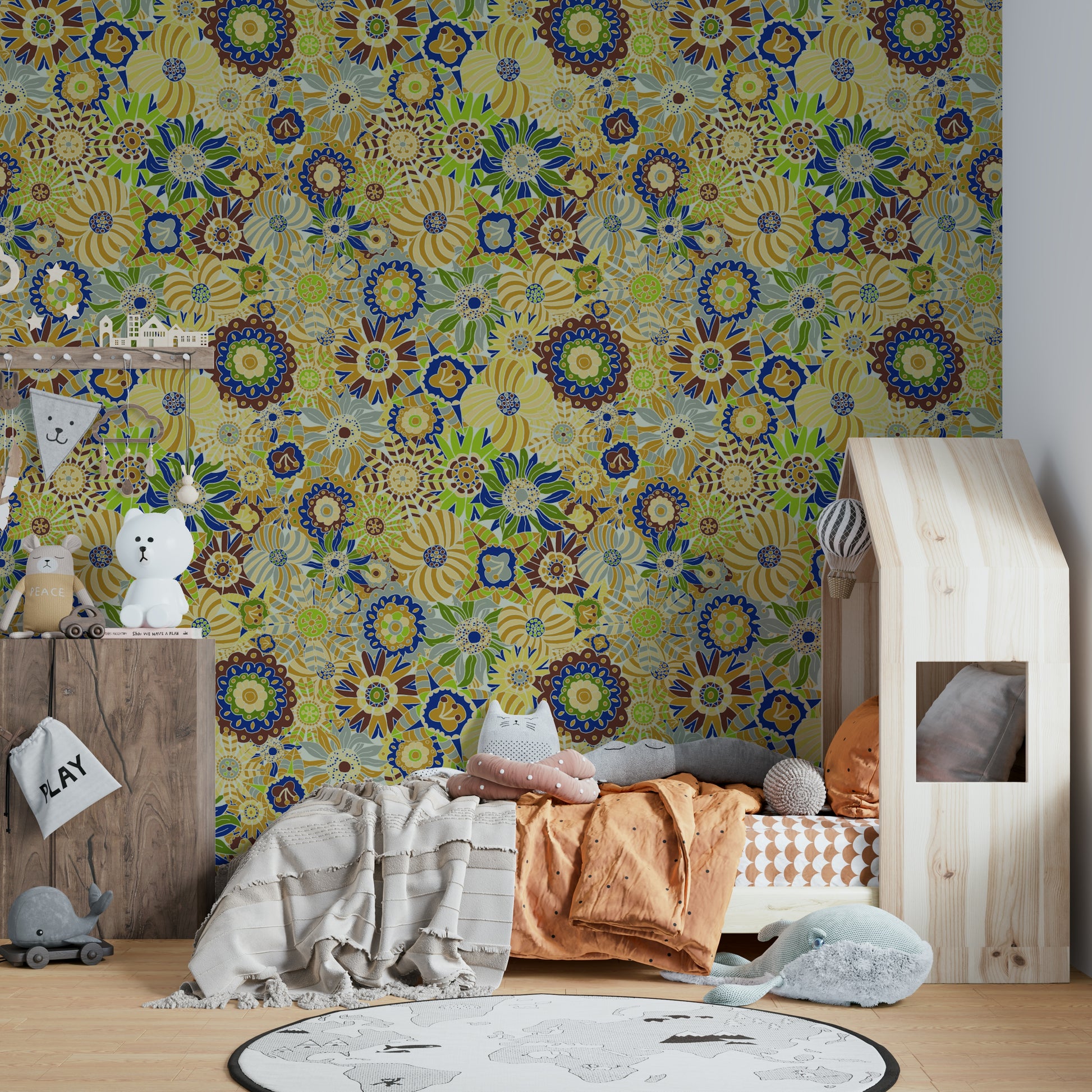 Wallpaper with a pattern of various colorful flowers.

