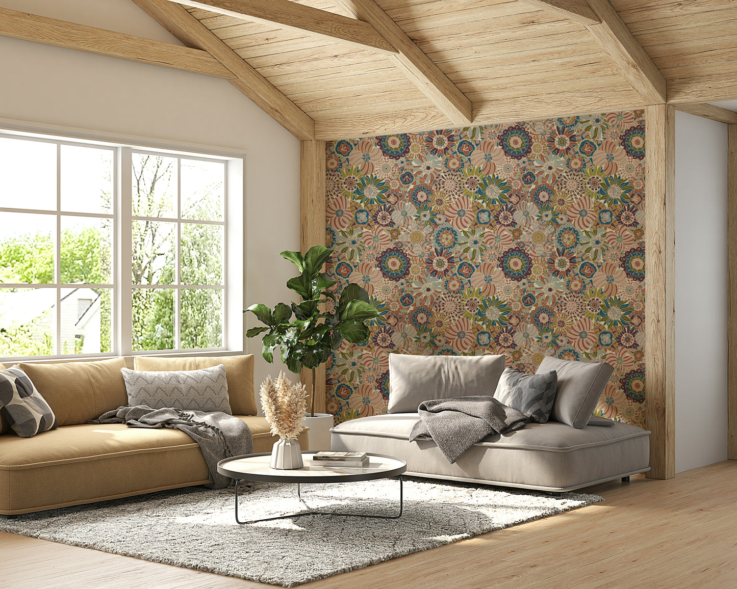 Neutral Spring Scandi Flowers mural for a living room.

