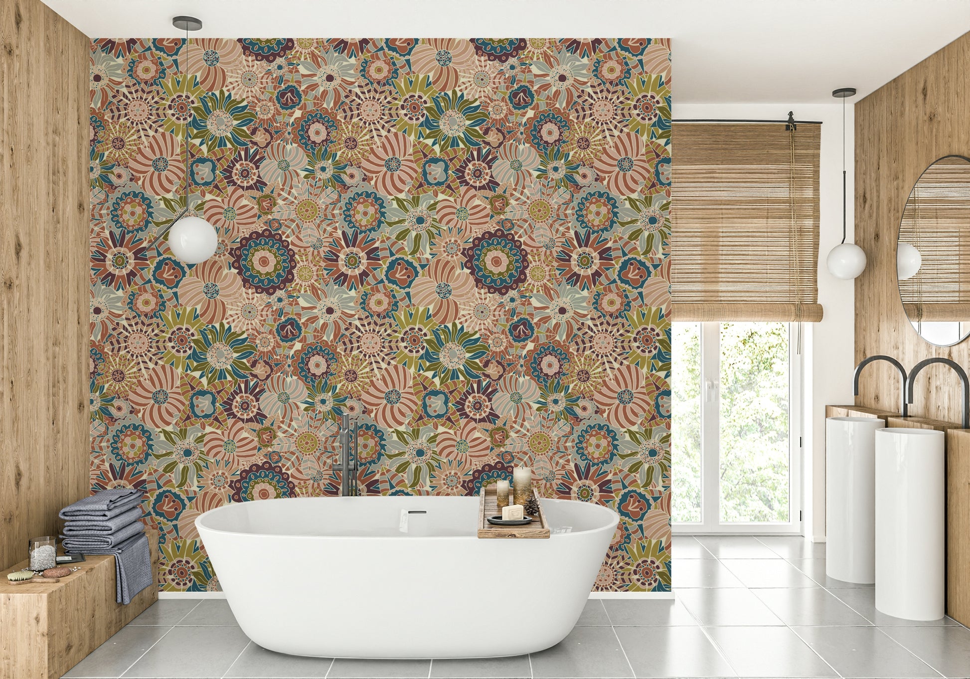Wallpaper with a whimsical, hand-drawn floral design.


