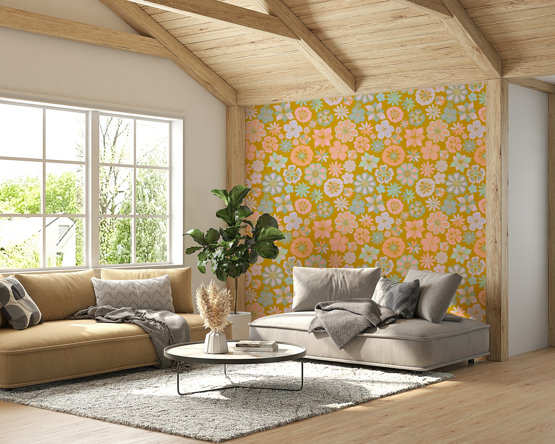 Wallpaper with a whimsical, hand-drawn floral design.

