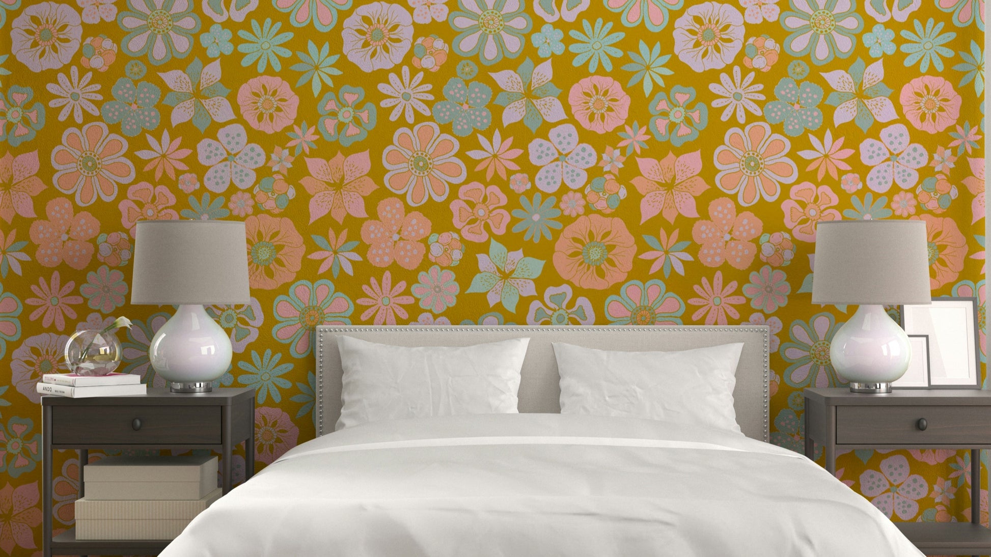 Hand Drawn Garden Flowers Golden Wallpaper.

