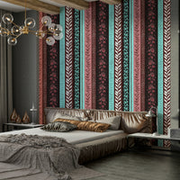 Wallpaper with vertical stripes of different patterns.


