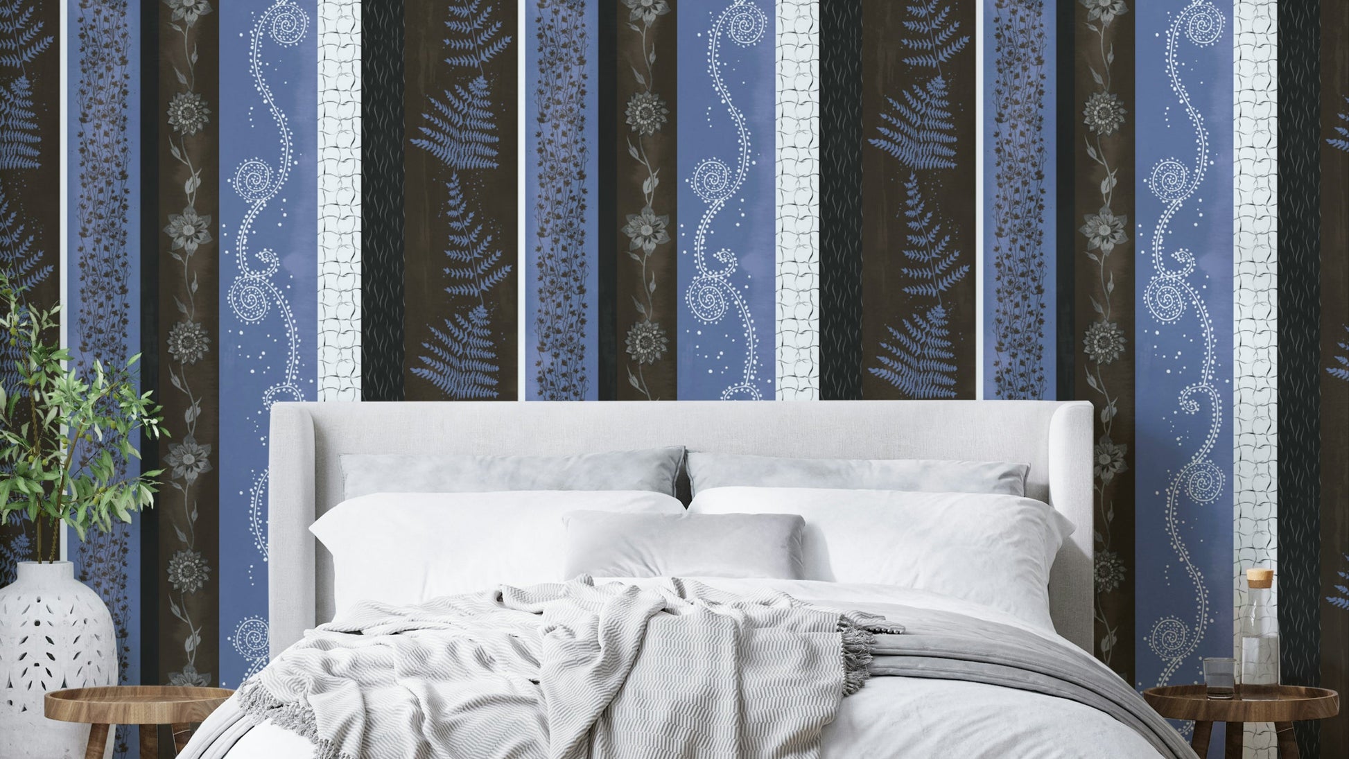 Abstract striped wallpaper with natural elements.

