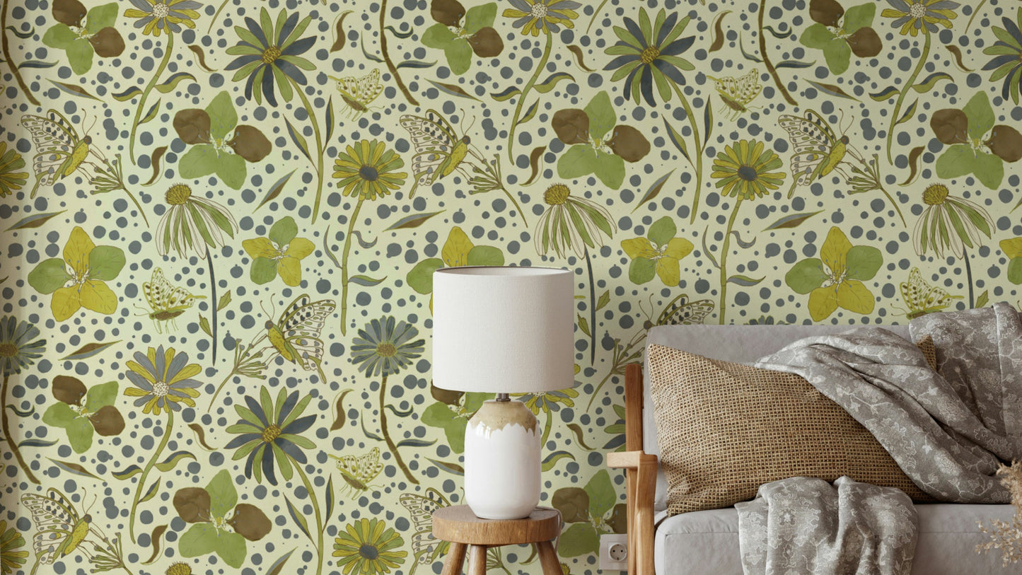Wallpaper with shades of green and yellow.

