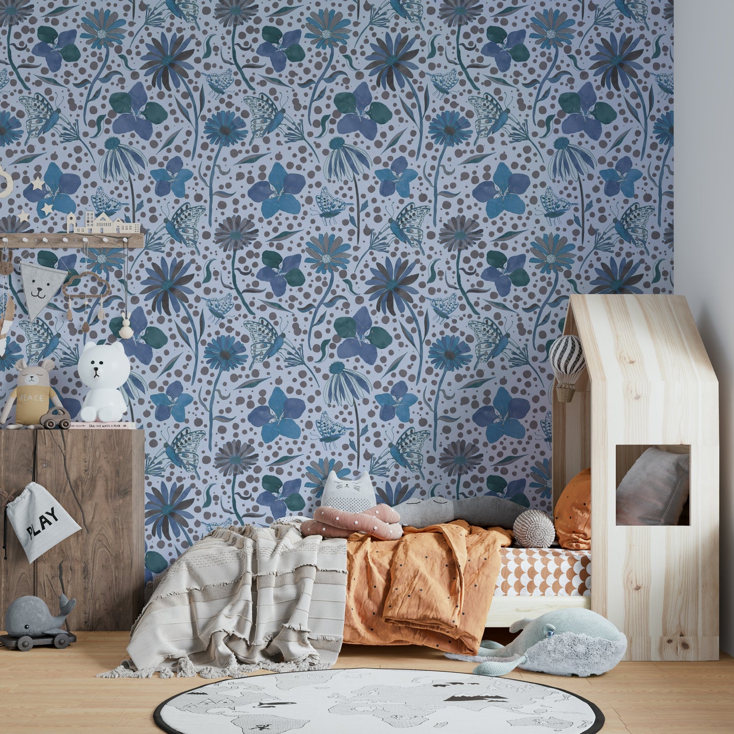 blue wallcovering with butterflies

