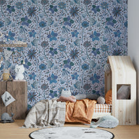 blue wallcovering with butterflies

