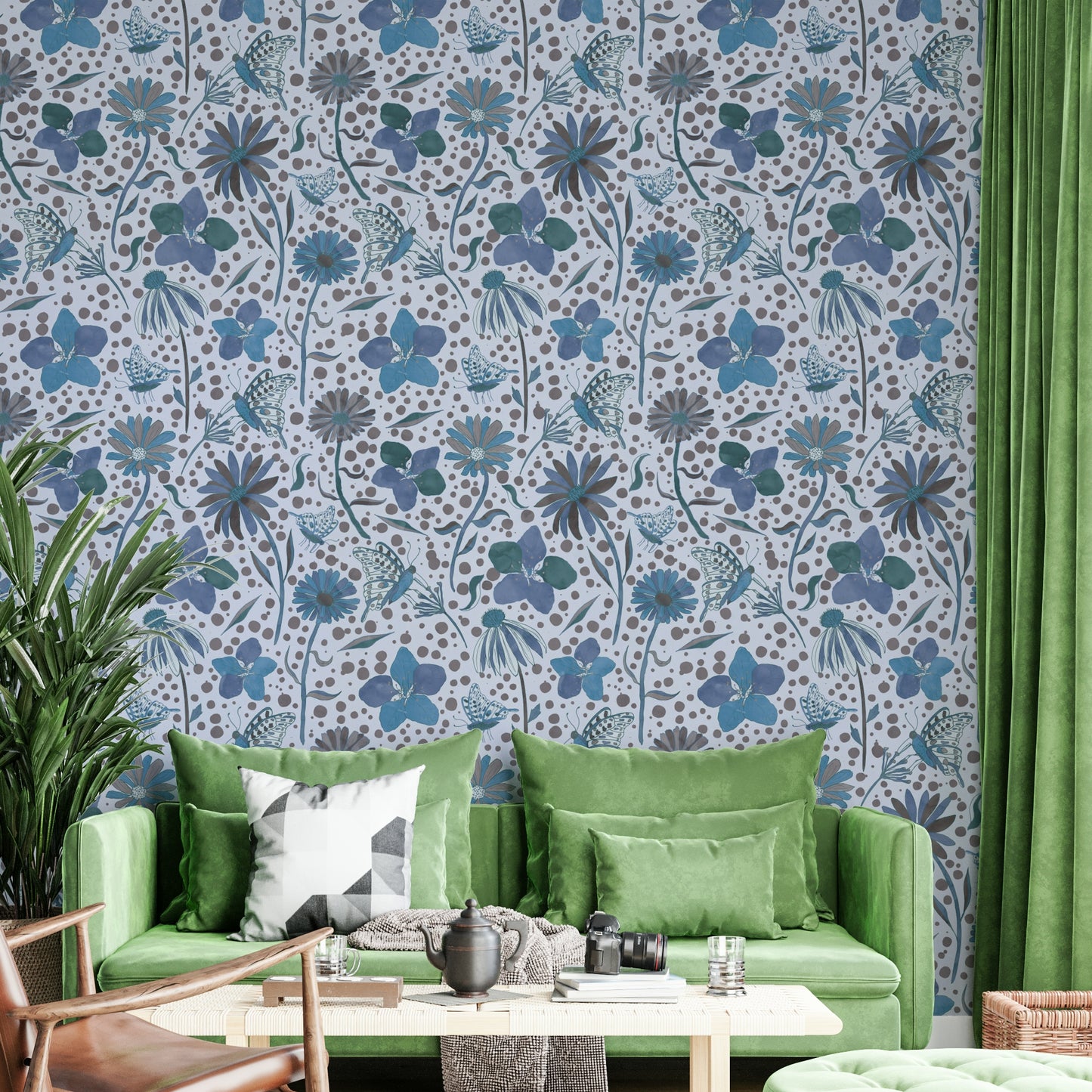 botanical motifs on a blue background

