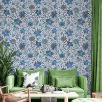 botanical motifs on a blue background

