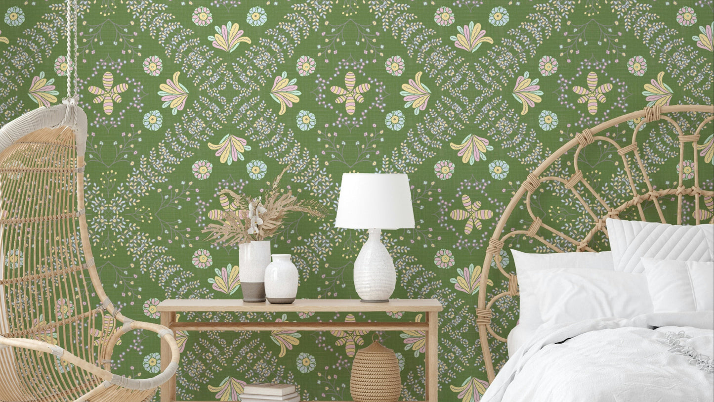 delicate botanical pattern on an olive background

