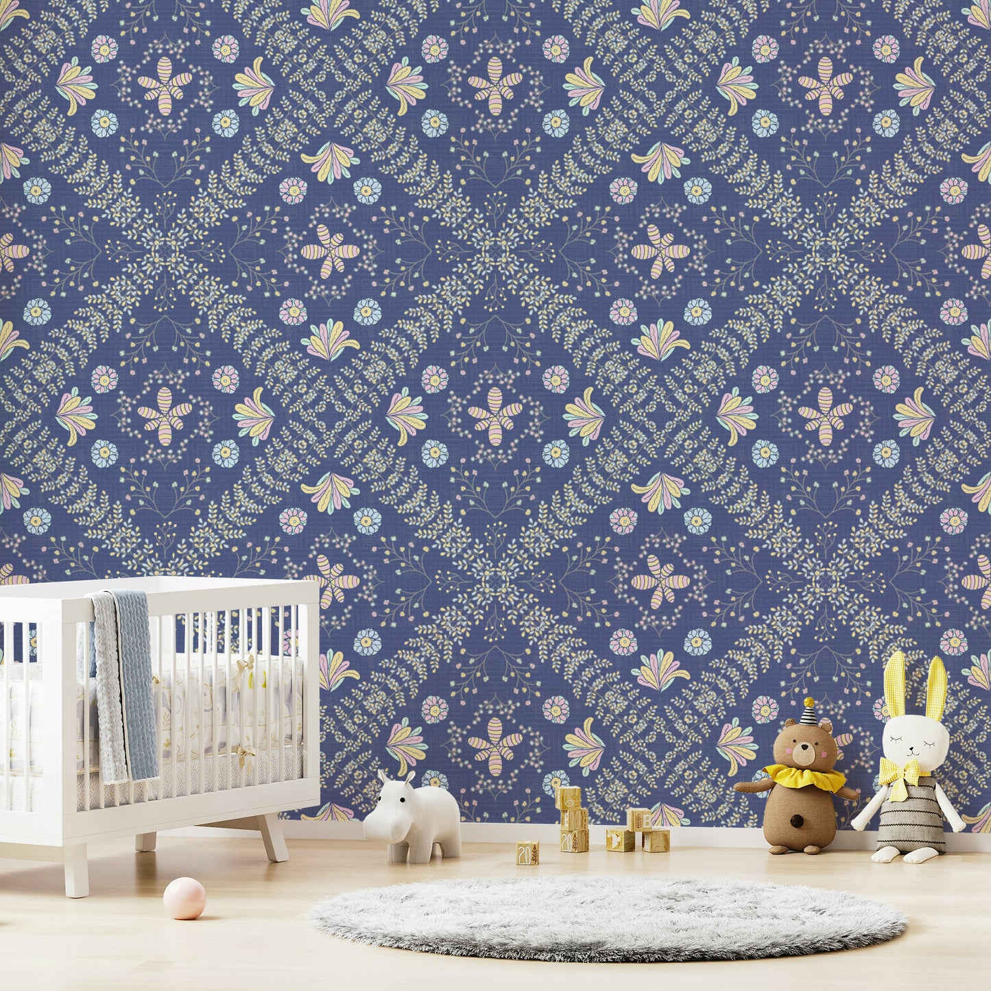 deep blue wallpaper with a floral pattern

