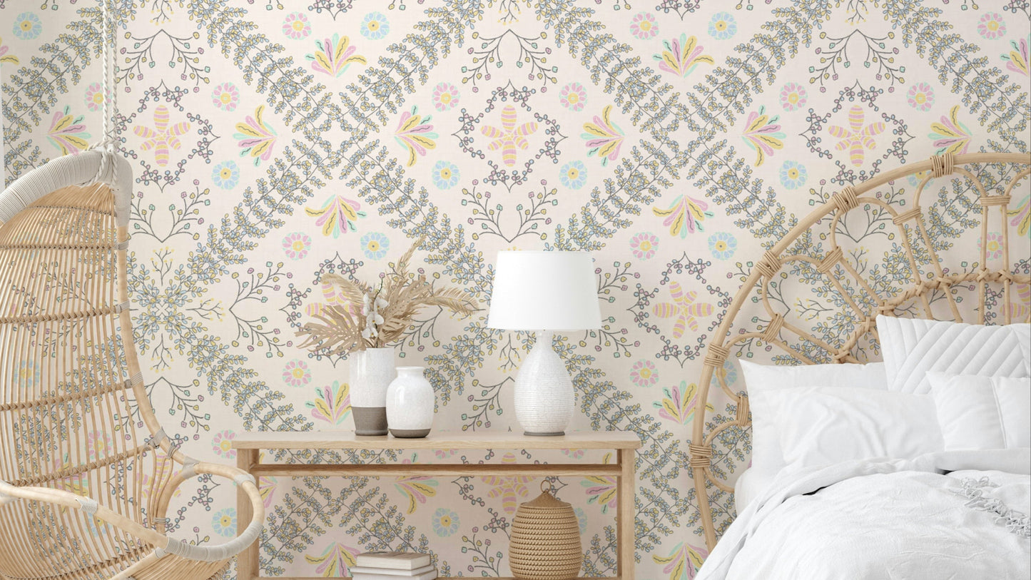 bloom tapestry white wallpaper

