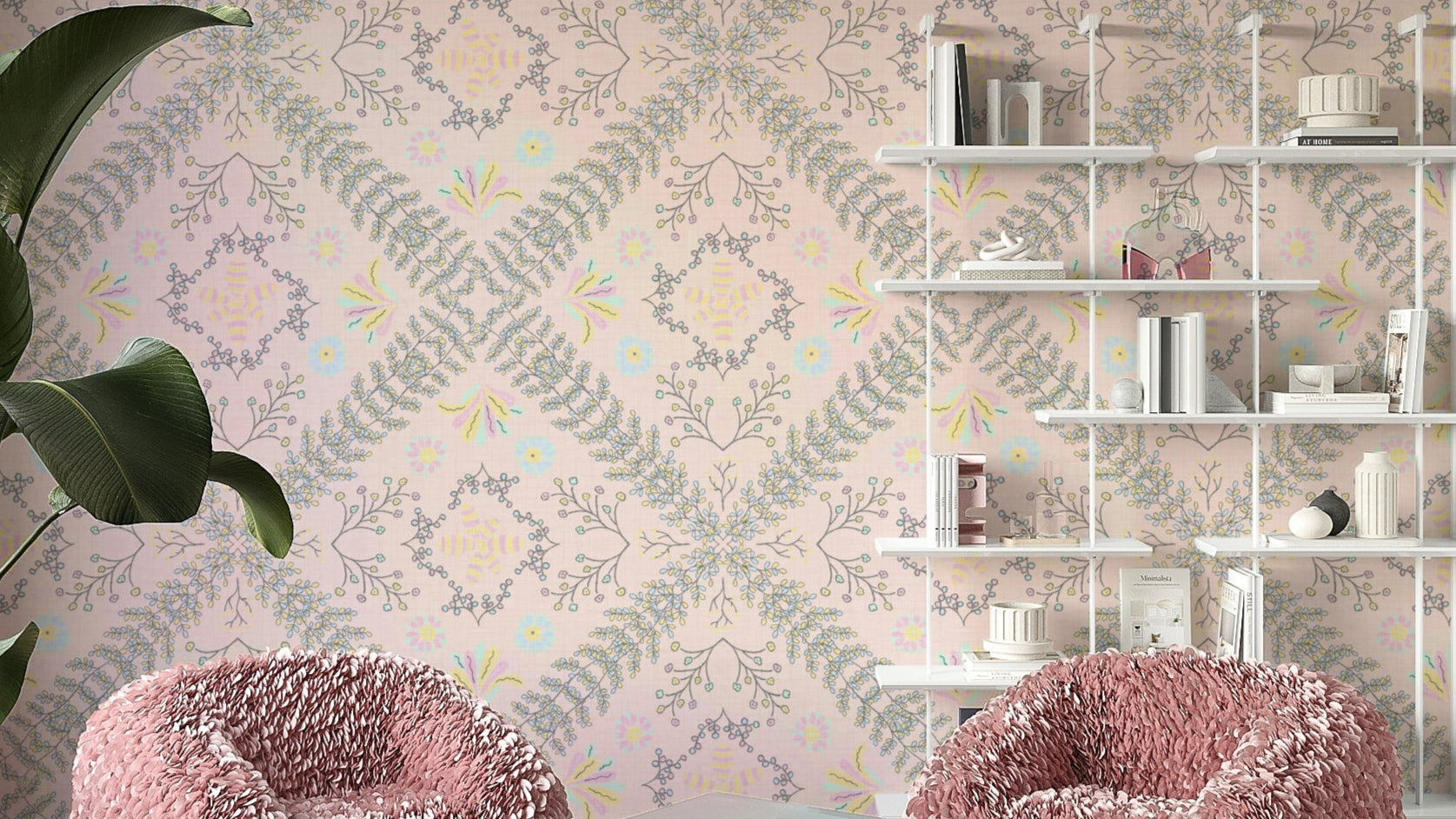 delicate botanical pattern on a pink background

