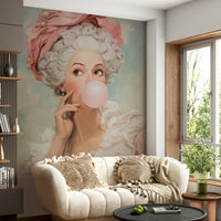 rococo style portrait blowing bubble gum

