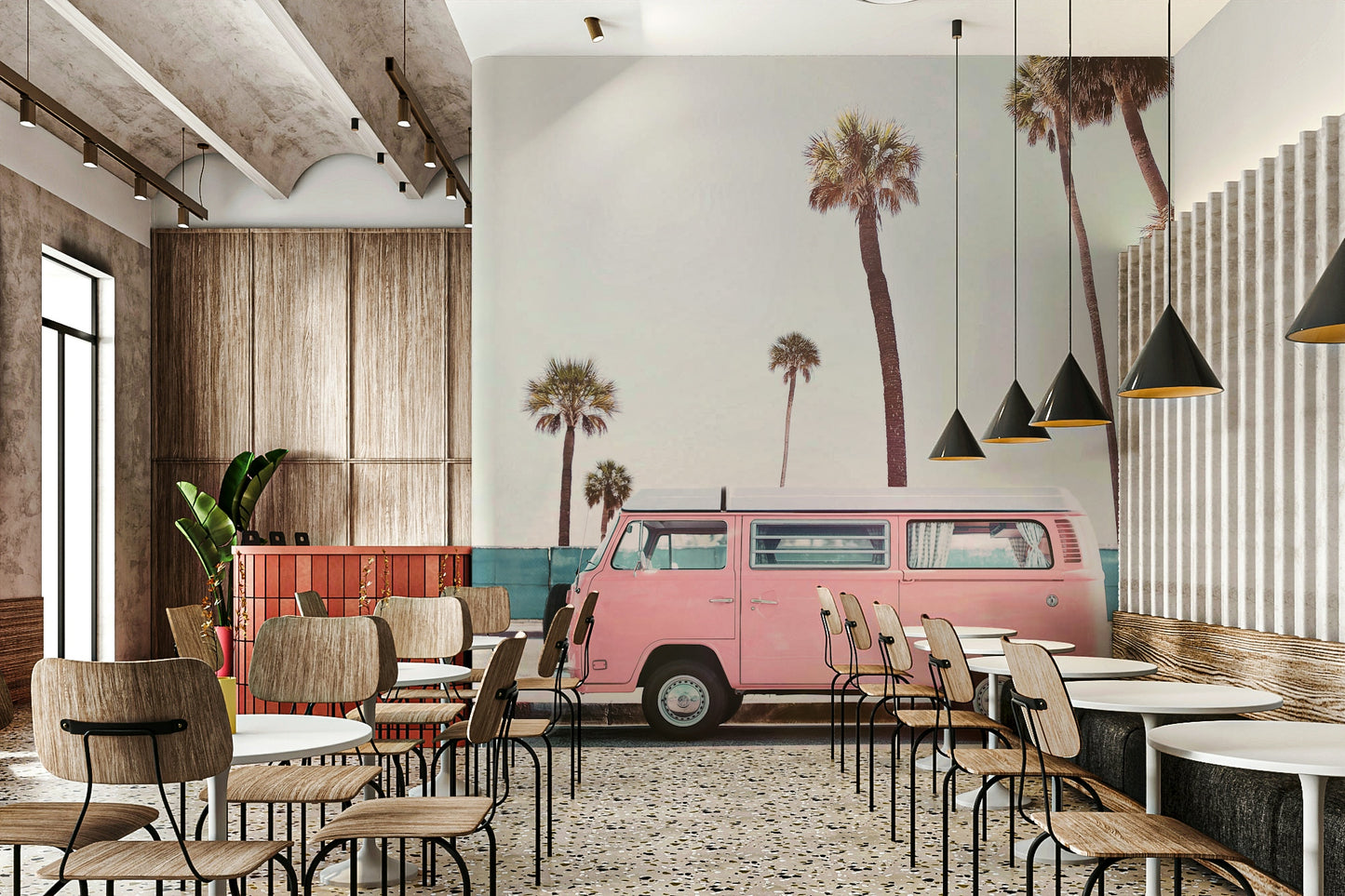 classic pink van with surfboard

