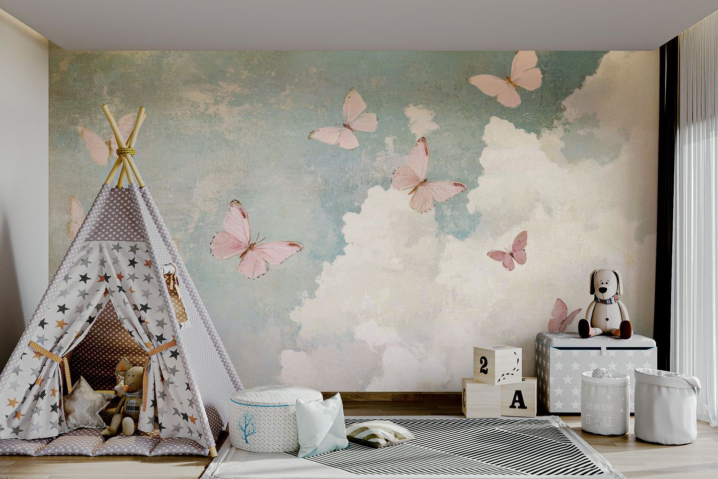 Full view of the wallpaper on a wall.

