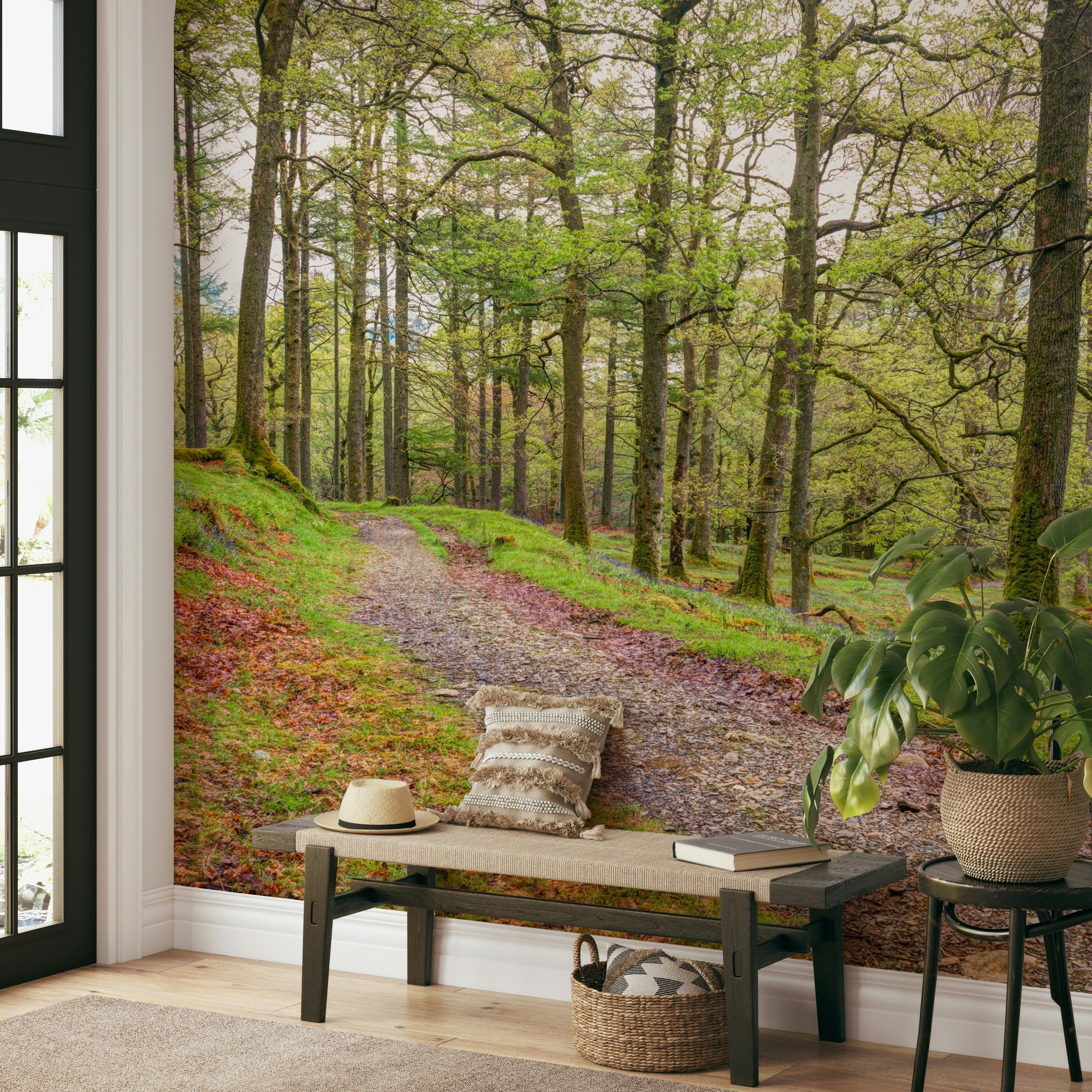 The mural gives a feeling of being in a quiet, natural place.

