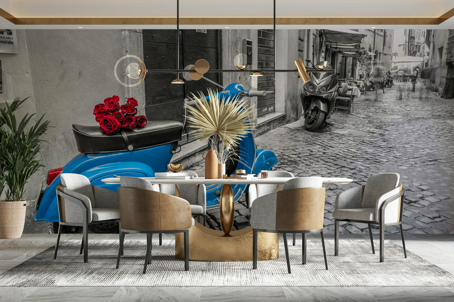 The mural gives a feeling of classic Italian street life.

