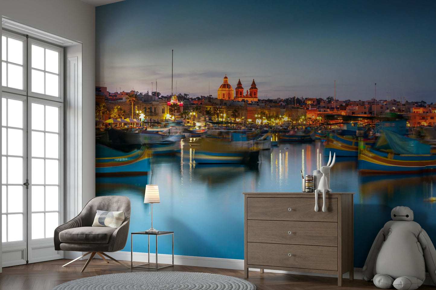 The composition is a wide view of the harbor.

