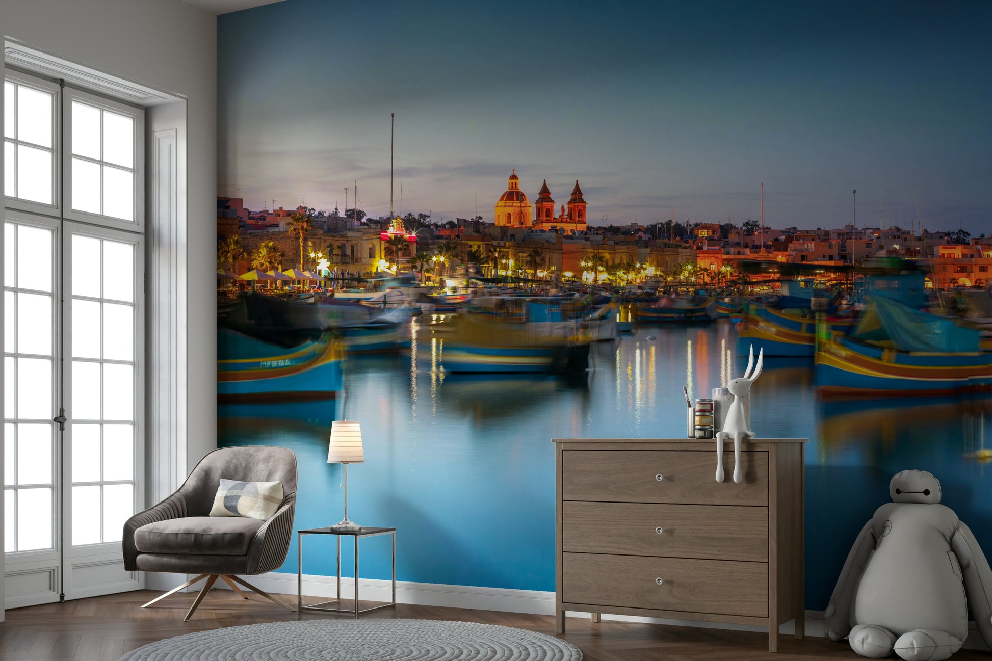 The composition is a wide view of the harbor.

