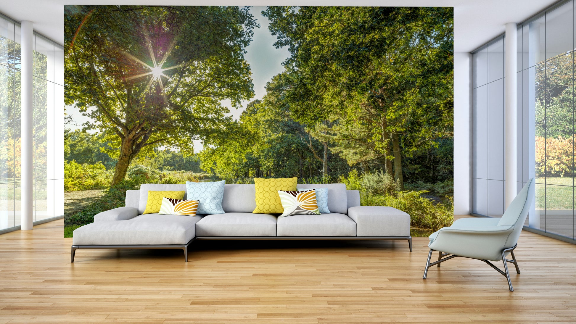 The mural gives a feeling of being in a quiet, natural space.

