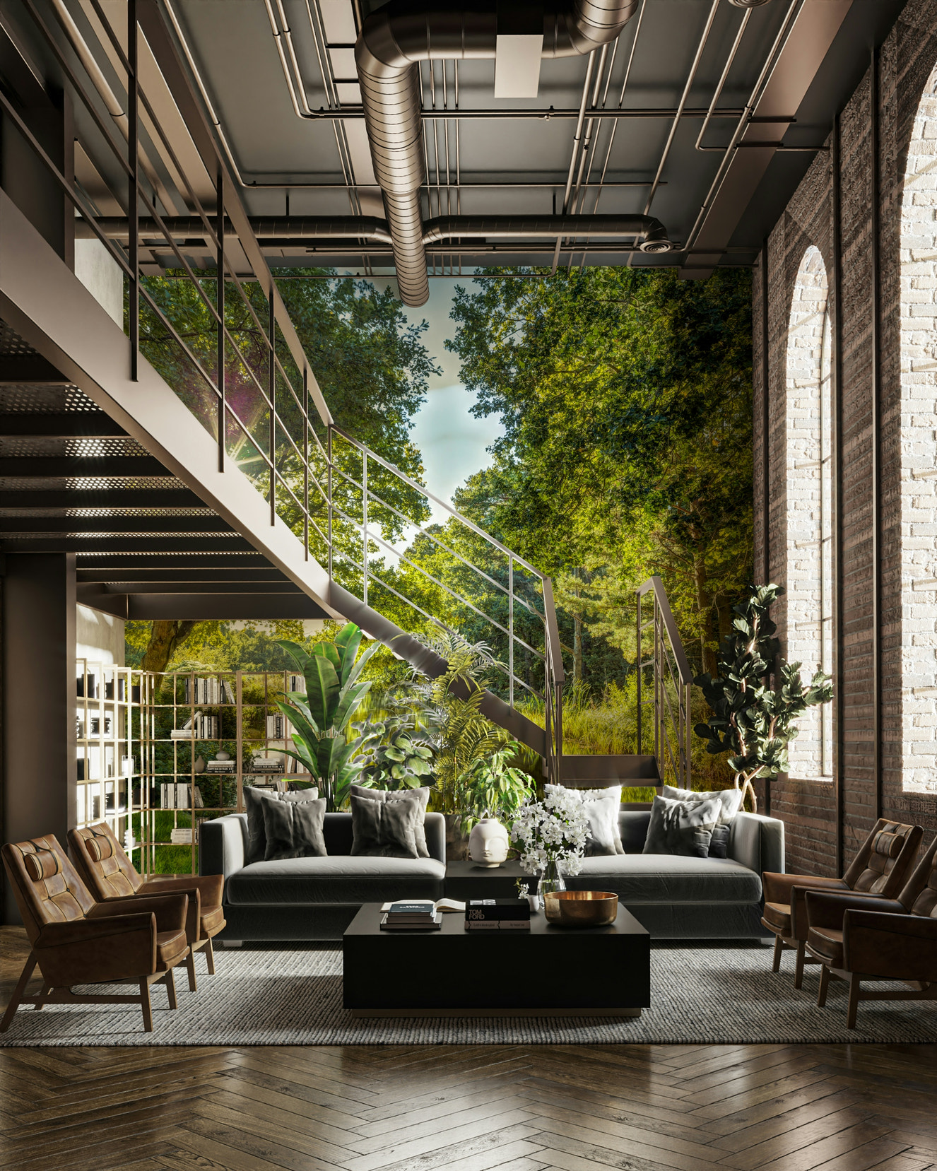 A wall mural with a natural, green scene.

