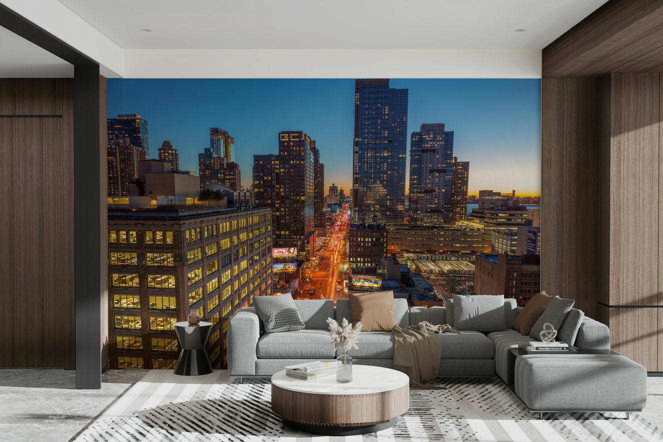 A high-resolution photo-realistic wall mural of a city skyline at twilight.

