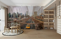 The room feels sophisticated and expansive due to the grand cityscape.

