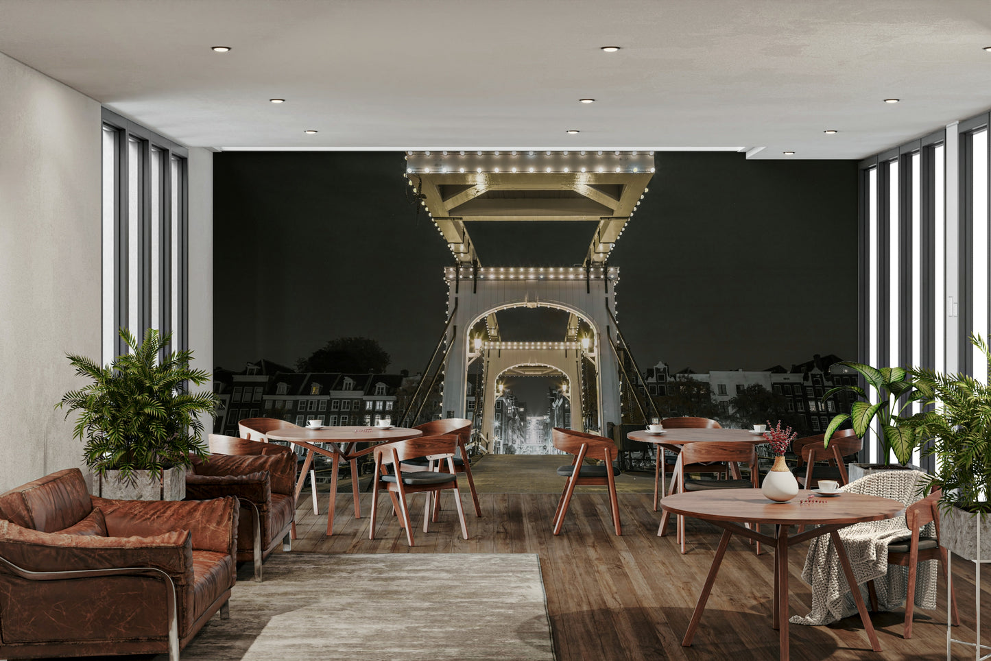 The ground leading up to the bridge is wet and reflects the light beautifully.

