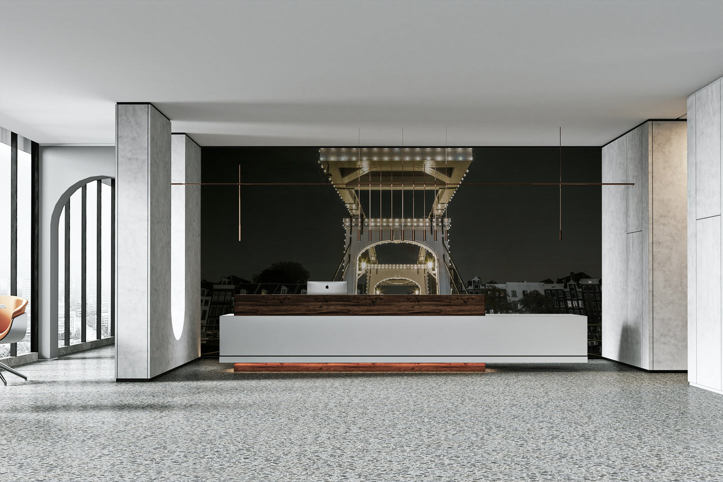 A close-up view of a string of lights on the bridge structure.

