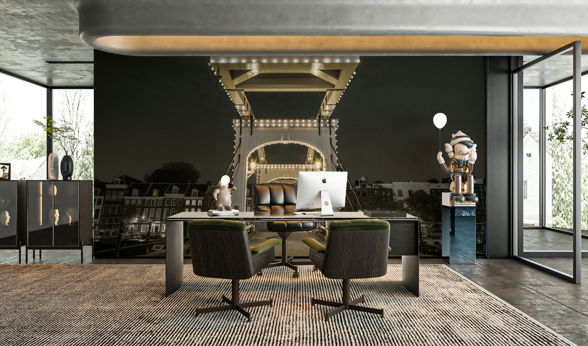 A high-resolution photo-realistic wall mural of a lit drawbridge at night.

