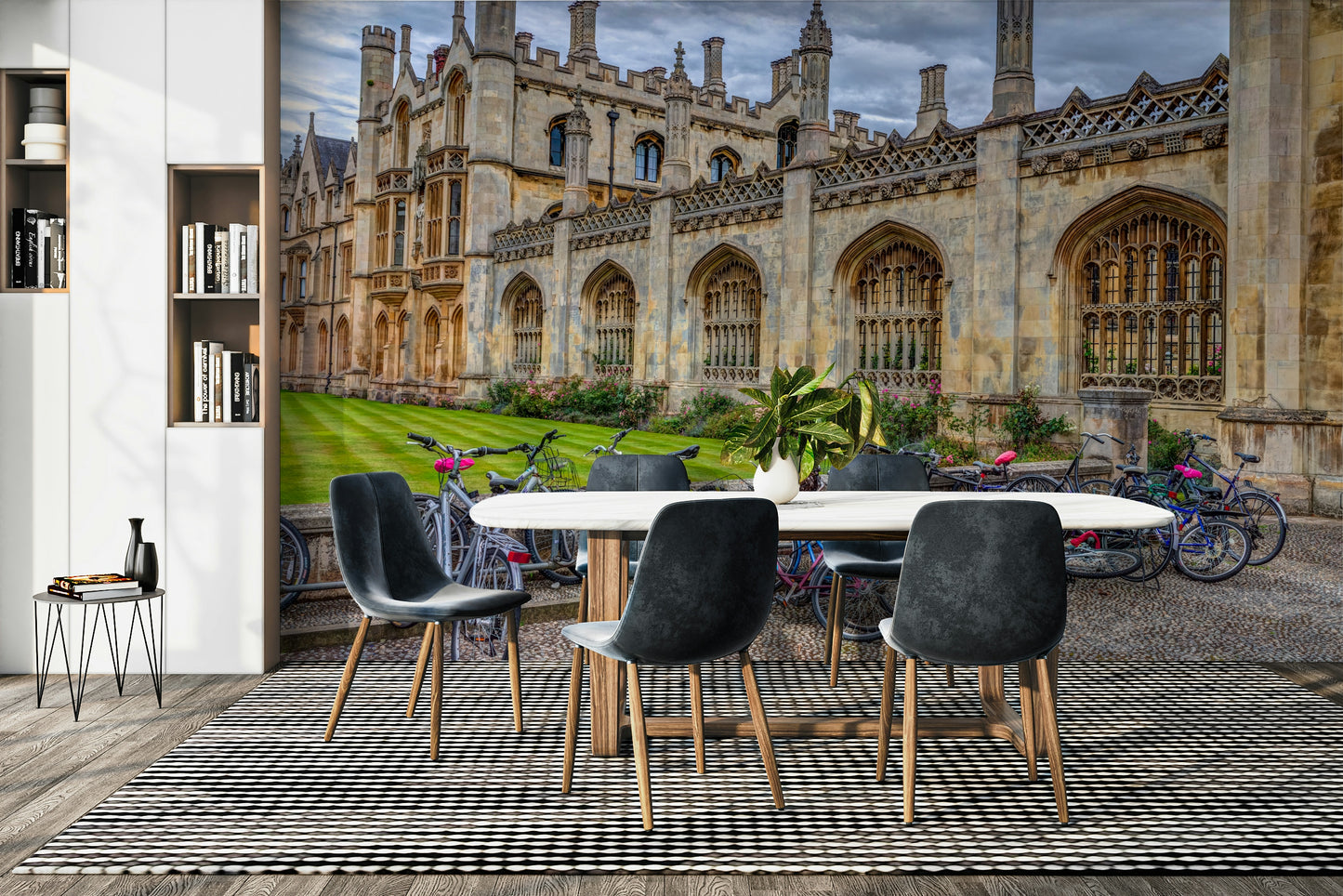 The scene has a charming, quaint, and academic atmosphere.

