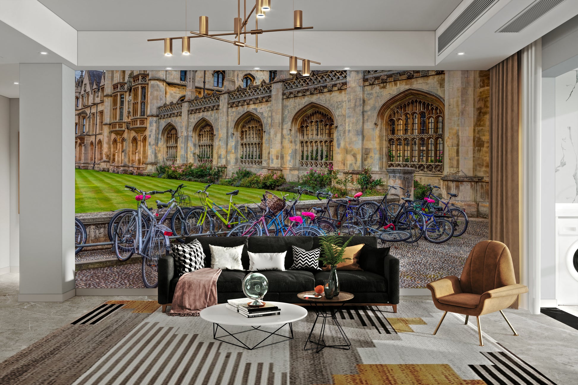 The room feels cozy and intellectual due to the classic landscape.

