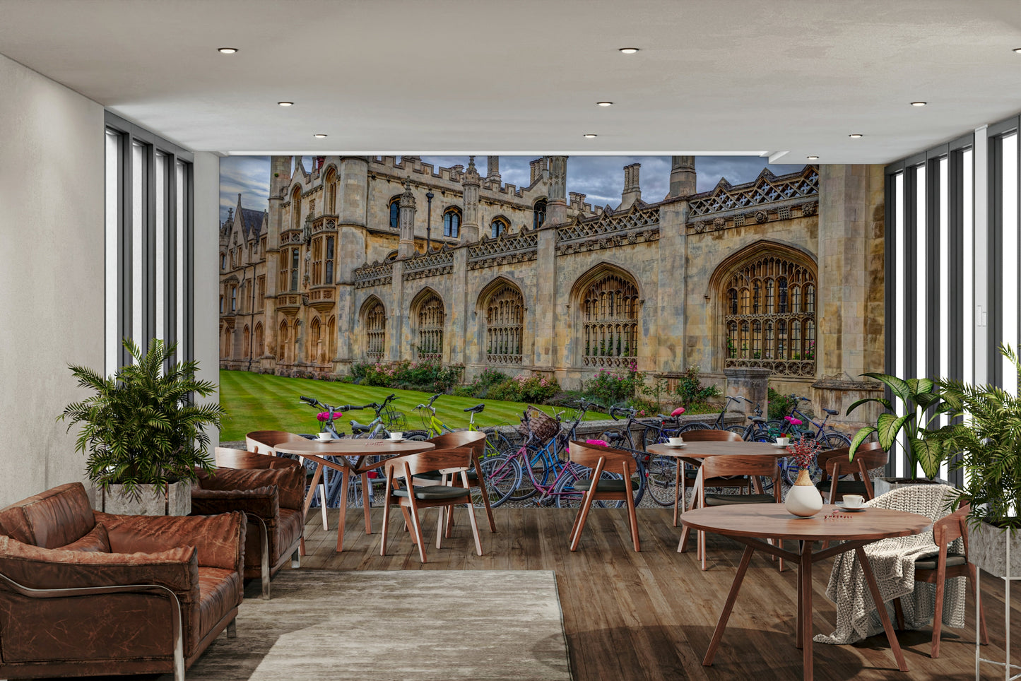 A photo-realistic wall mural of a street scene in Cambridge, England.

