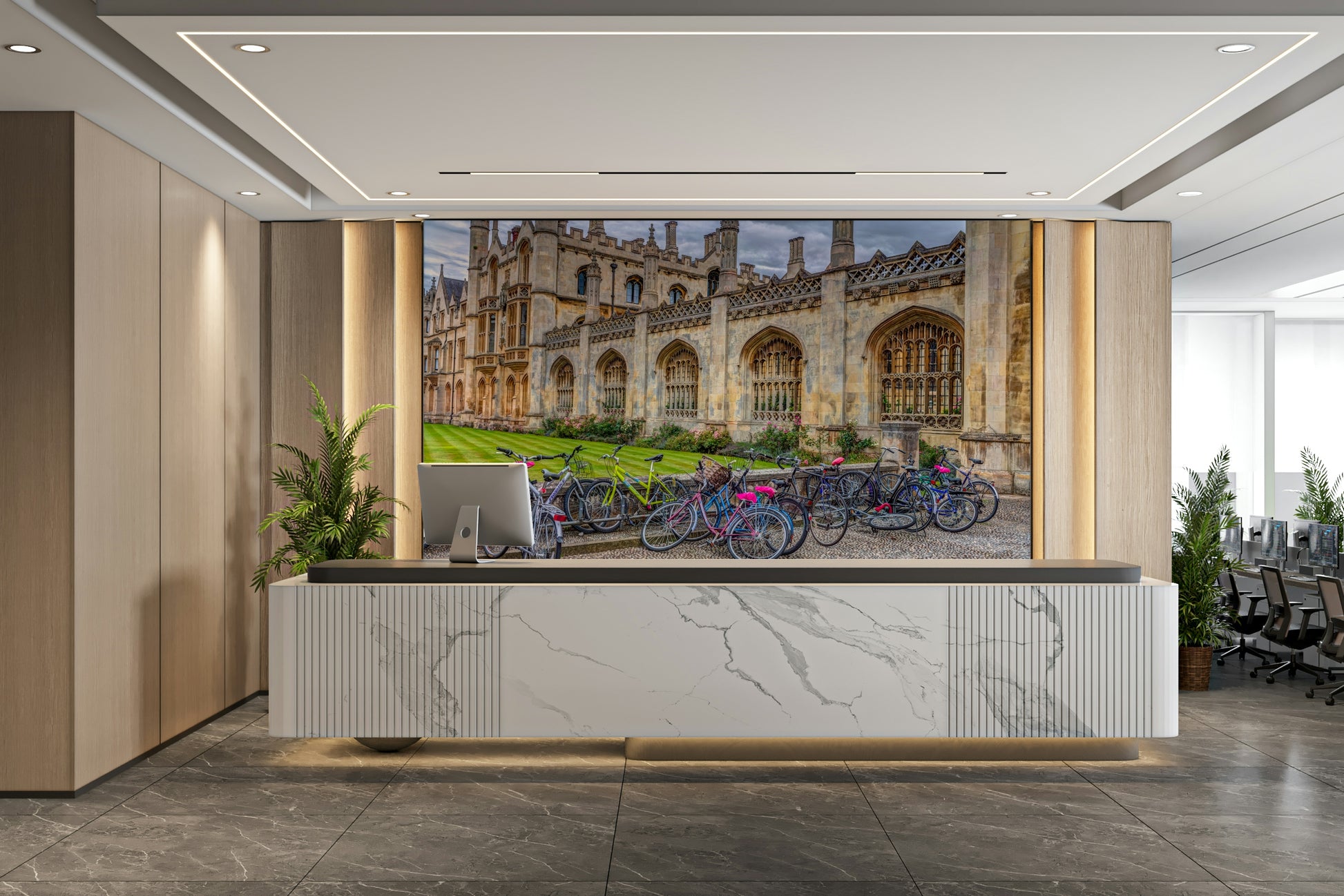 The print captures fine details of the bicycles and the architectural features.

