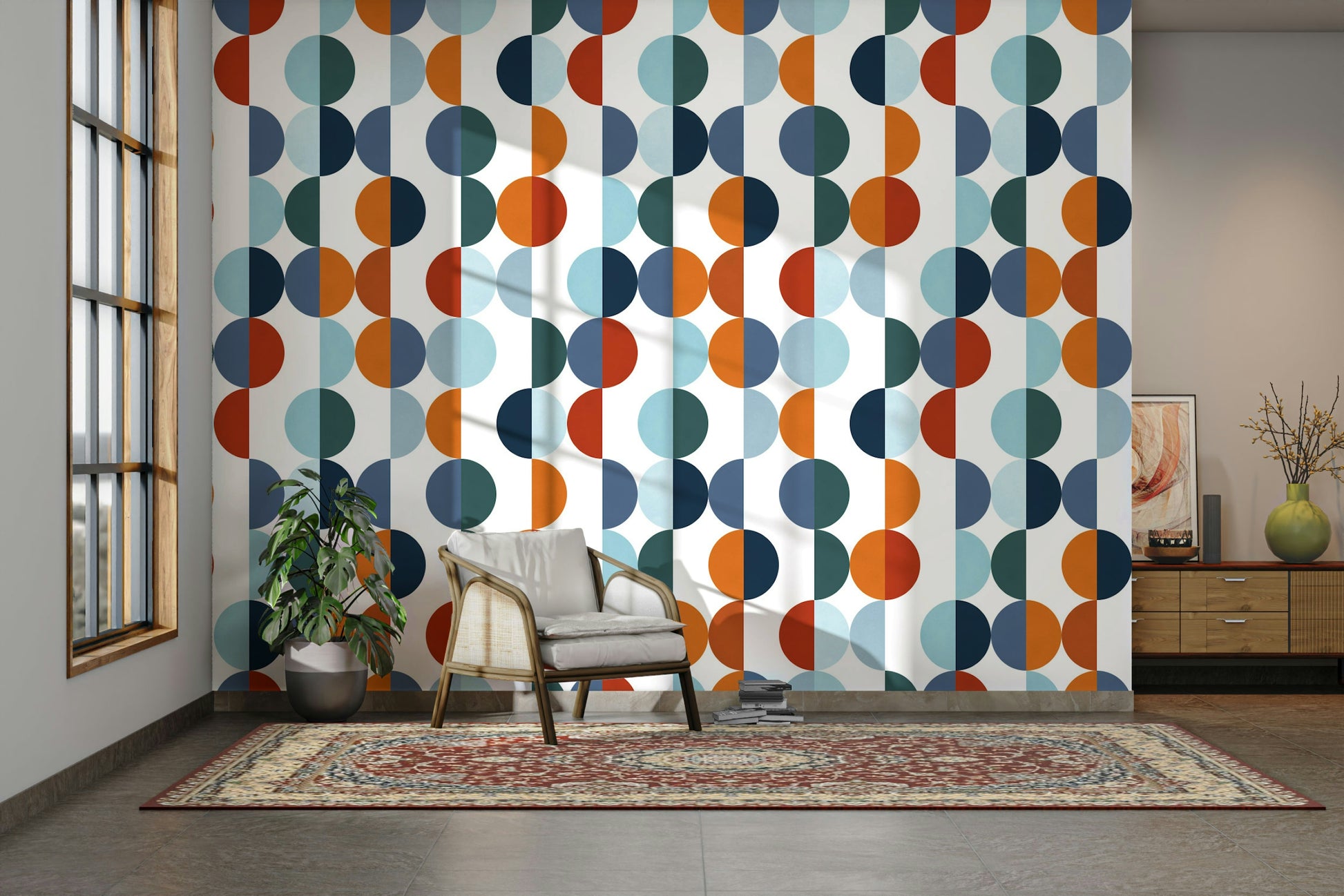 The wall mural is installed on a living room feature wall.

