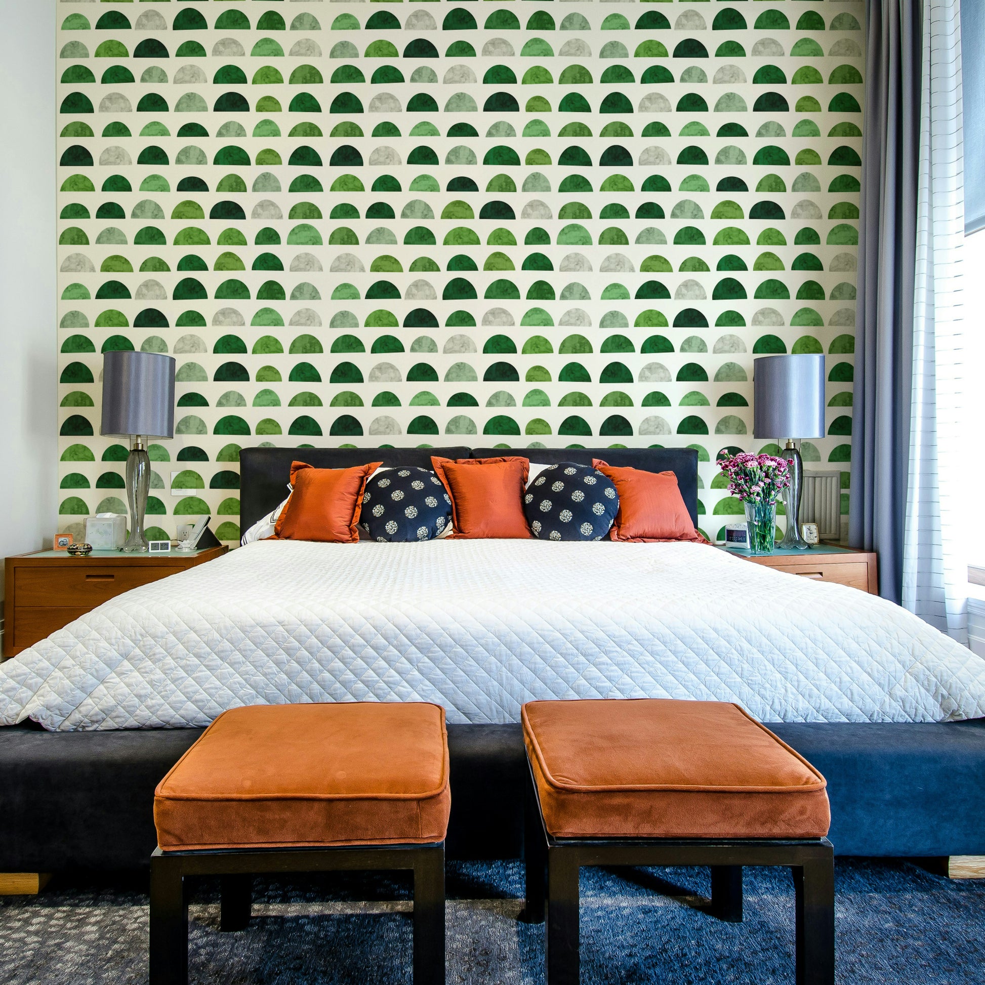 The wallpaper is applied seamlessly, giving the wall a uniform, high-end look.

