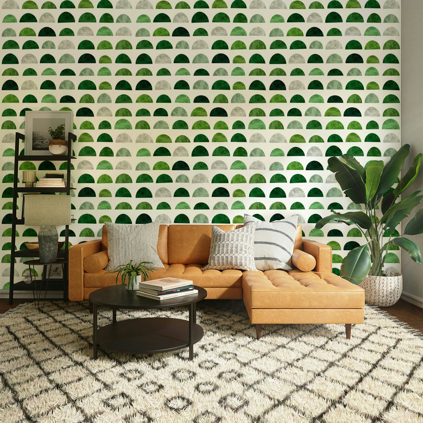 The wall mural is installed on a living room feature wall.

