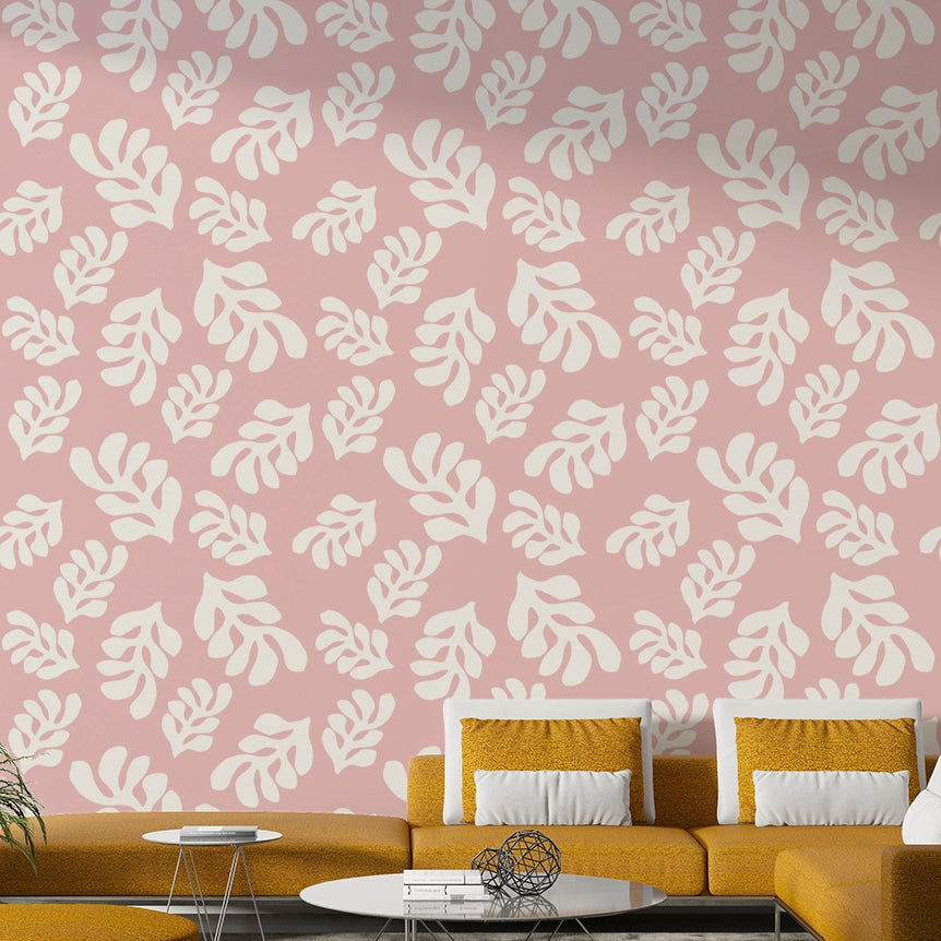 The wallpaper is applied seamlessly, giving the wall a uniform, high-end look.

