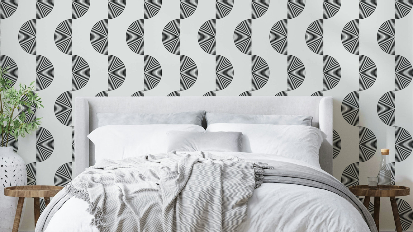 A retro-style wall mural with a dynamic echoing pattern.

