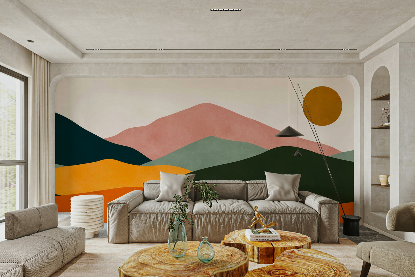 A modern wall mural with an abstract sunset pattern.

