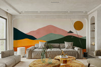 A modern wall mural with an abstract sunset pattern.

