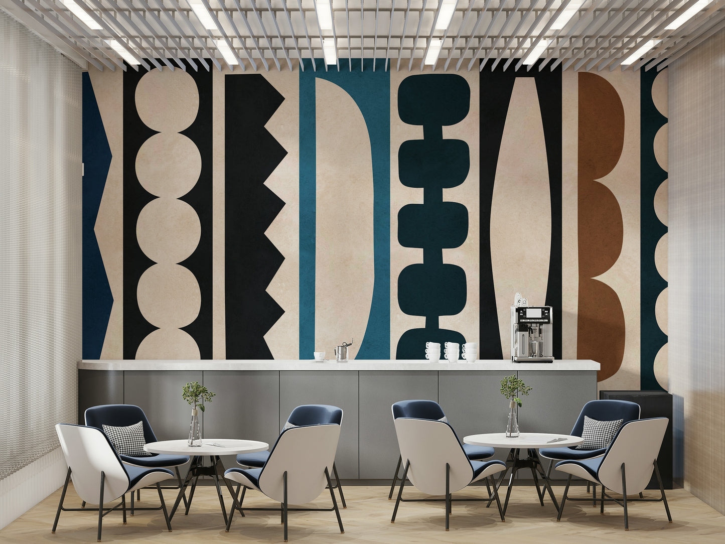 The wall mural is installed on a living room feature wall.

