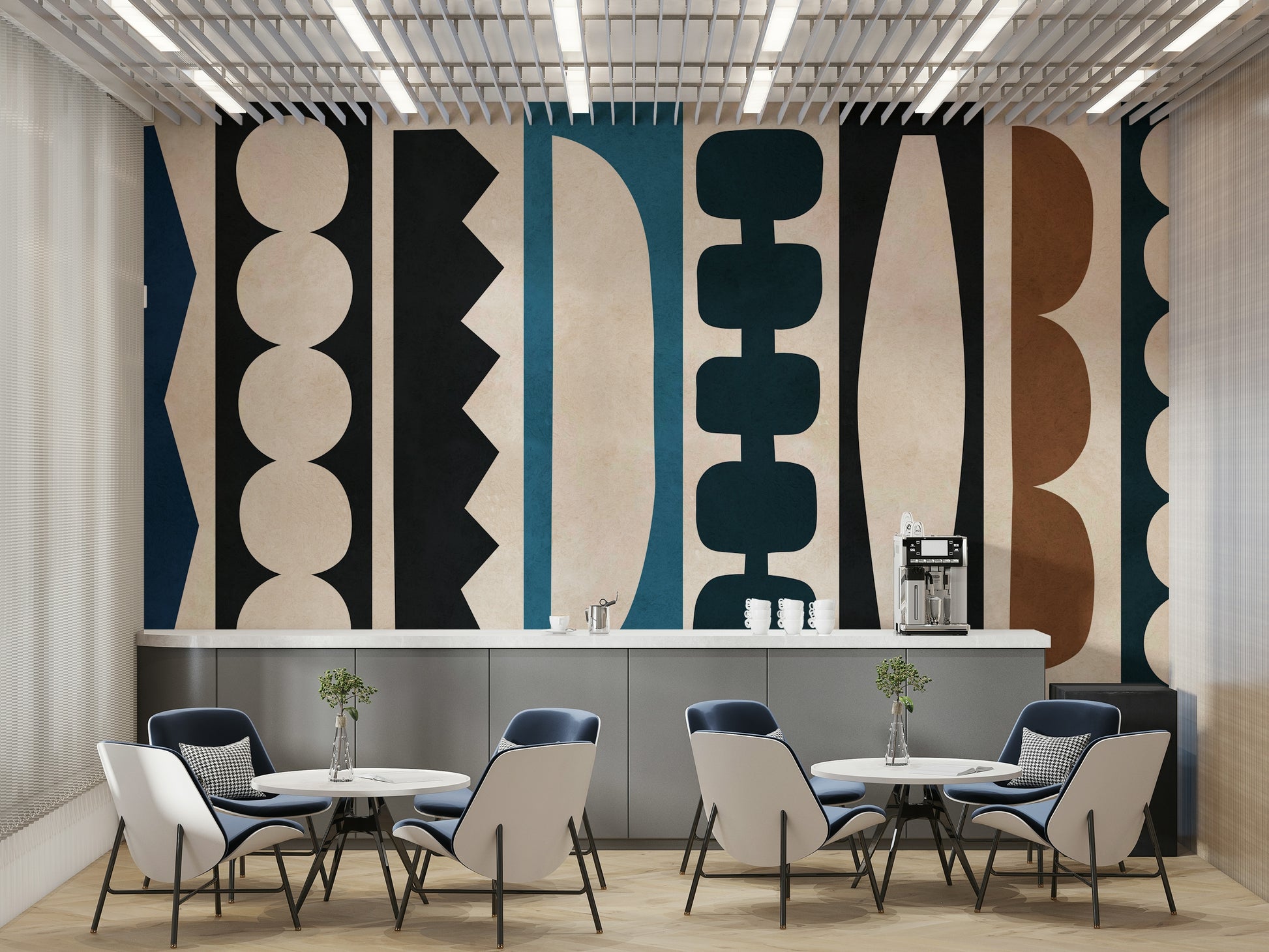 The wall mural is installed on a living room feature wall.

