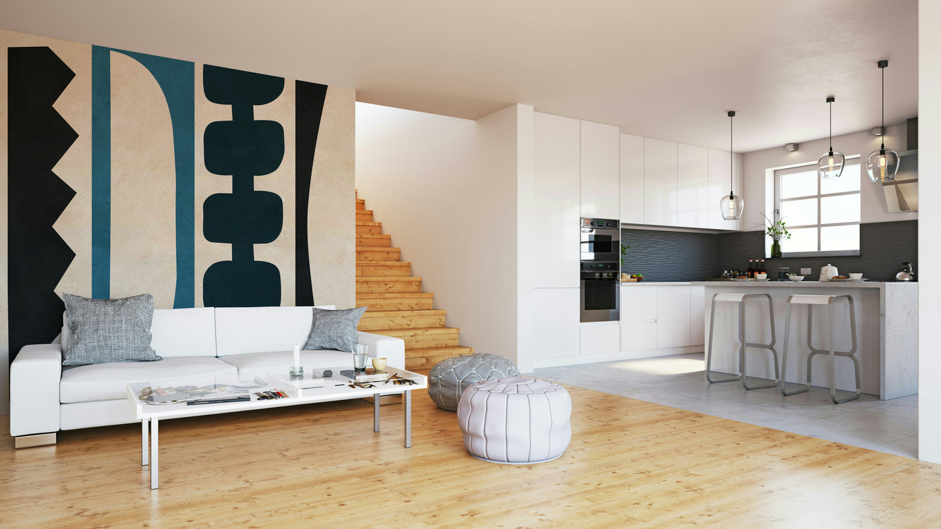 A retro-style wall mural with a dynamic pattern of geometric blocks.

