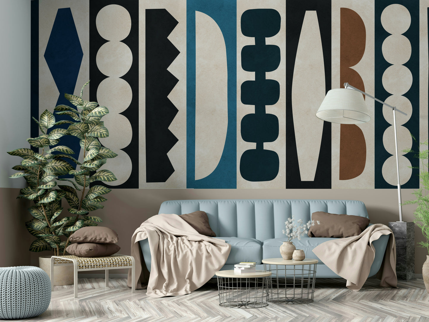 The wallpaper is applied seamlessly, giving the wall a uniform look.

