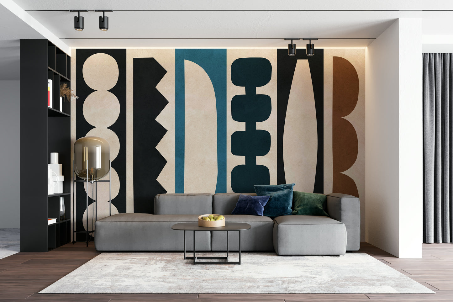 The design features a playful, interlocking arrangement of different sized rectangles and squares.

