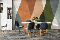 The colors are warm, earthy tones, including terracotta, beige, and soft gray.

